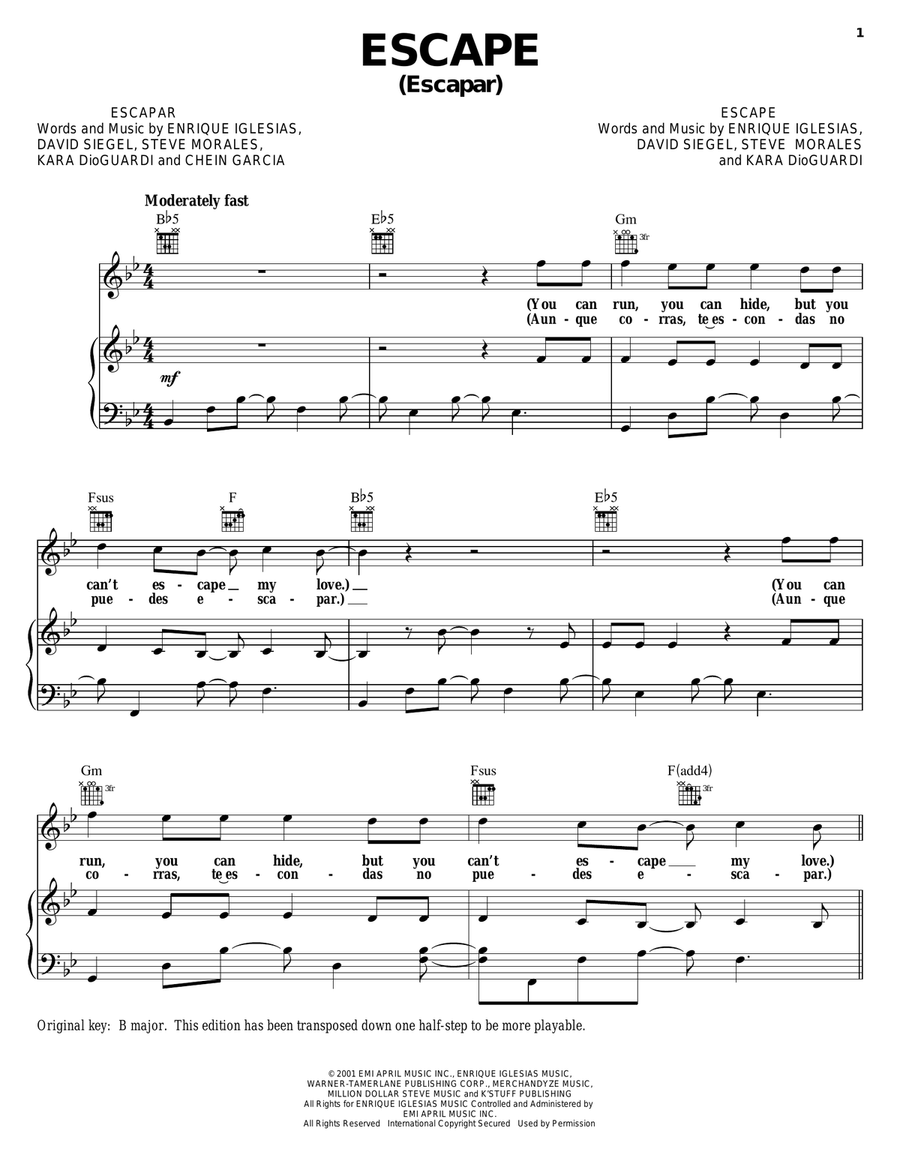 Escape (Escapar) Piano, Vocal, Guitar scores gallery preview page 1