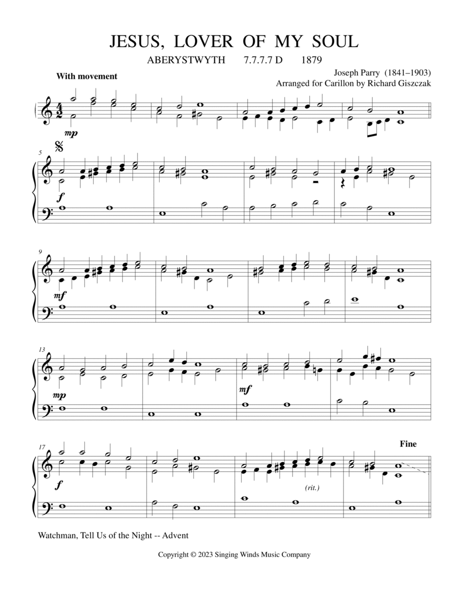 Jesus, Lover of My Soul (ABERYSTWYTH) Carillon scores gallery preview page 1