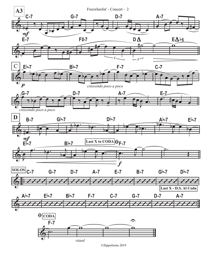 FREEWHEELIN' - C and Bb Lead Sheets - Syncopated 4/4 swing tune. Small Ensemble scores gallery preview page 3