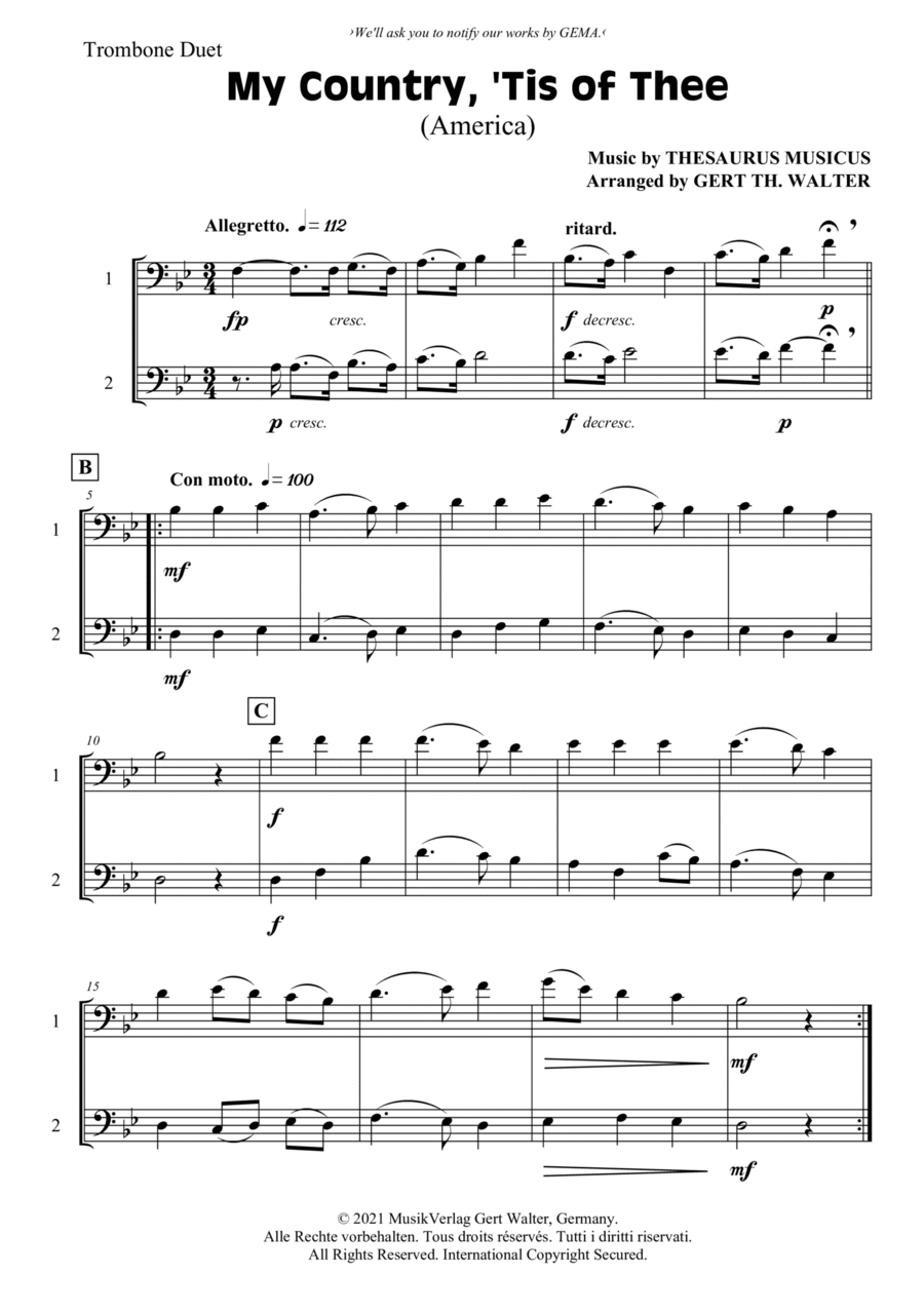 My Country, 'Tis Of Thee (America) Trombone Duet scores gallery preview page 1