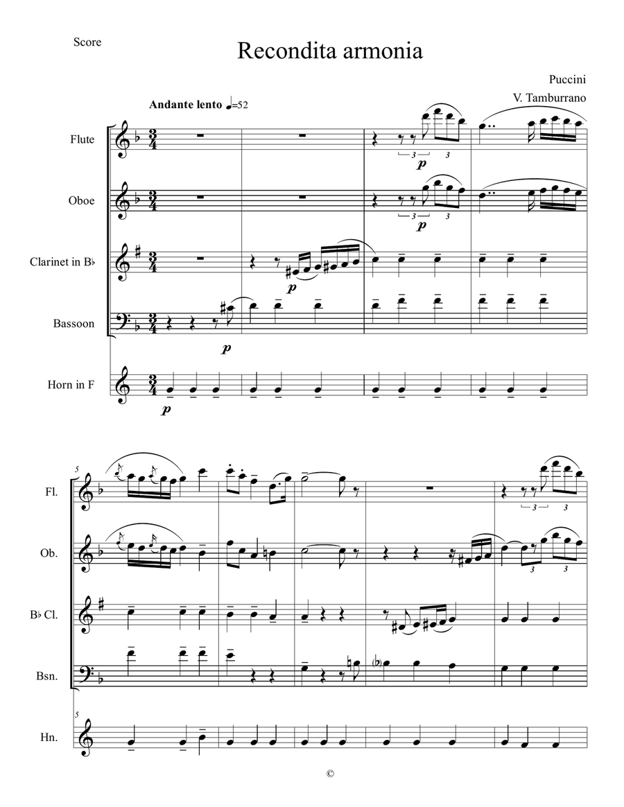 Recondita armonia - Tosca Woodwind Quintet scores gallery preview page 1