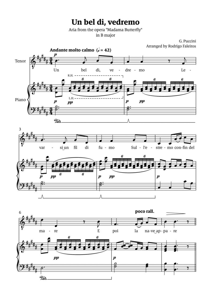 Un Bel Di Vedremo (from Madama Butterfly) - for Tenor - in B major Voice scores gallery preview page 1