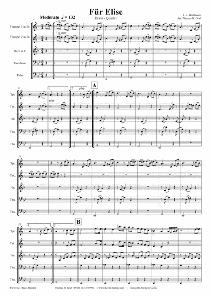 For Elise - Ludwig van Beethoven - Brass Quintet Brass Quintet scores gallery preview page 1