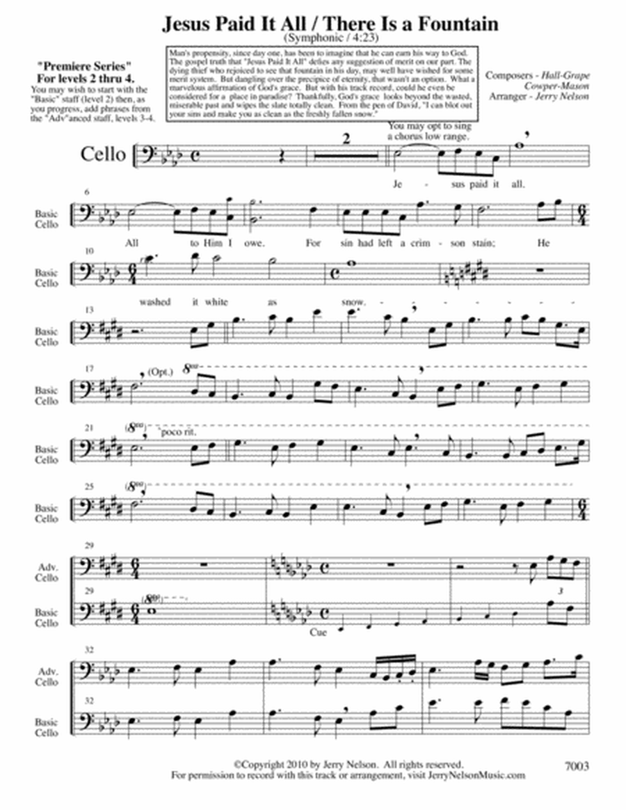 Jesus Paid It All with There Is A Fountain (Arrangements Level 2-4 for CELLO + Written Acc) Hymn image number null