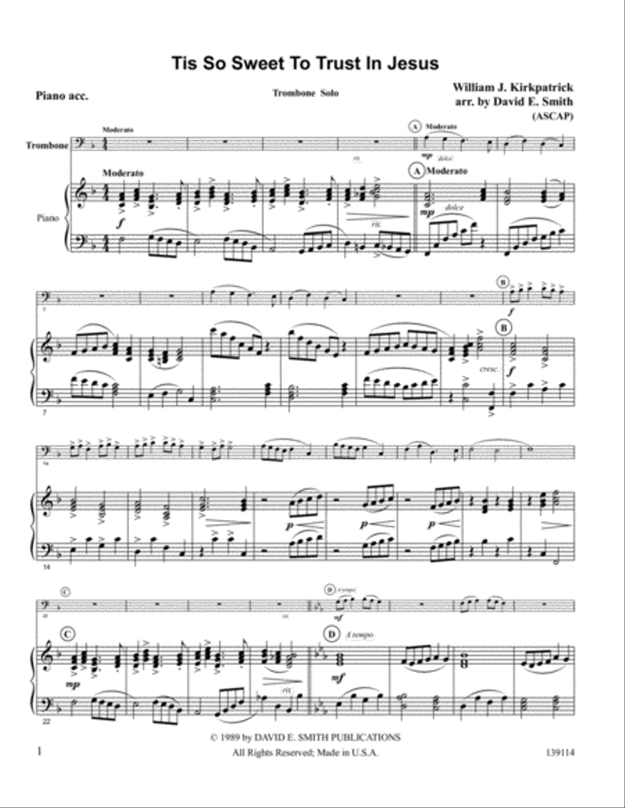 Tis So Sweet to Trust in Jesus Trombone Solo scores gallery preview page 1