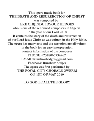 Opera for the DEATH AND RESSURATION OF CHRIST FULL MUSIC BOOK WITH ORCHESTRA
