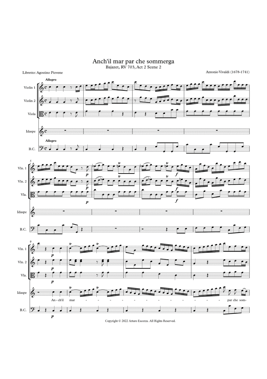 "Anch'il mar par che sommerga" from "Il Bajazet" (Il Tamerlano) RV703, Antonio Vivaldi - Score Only