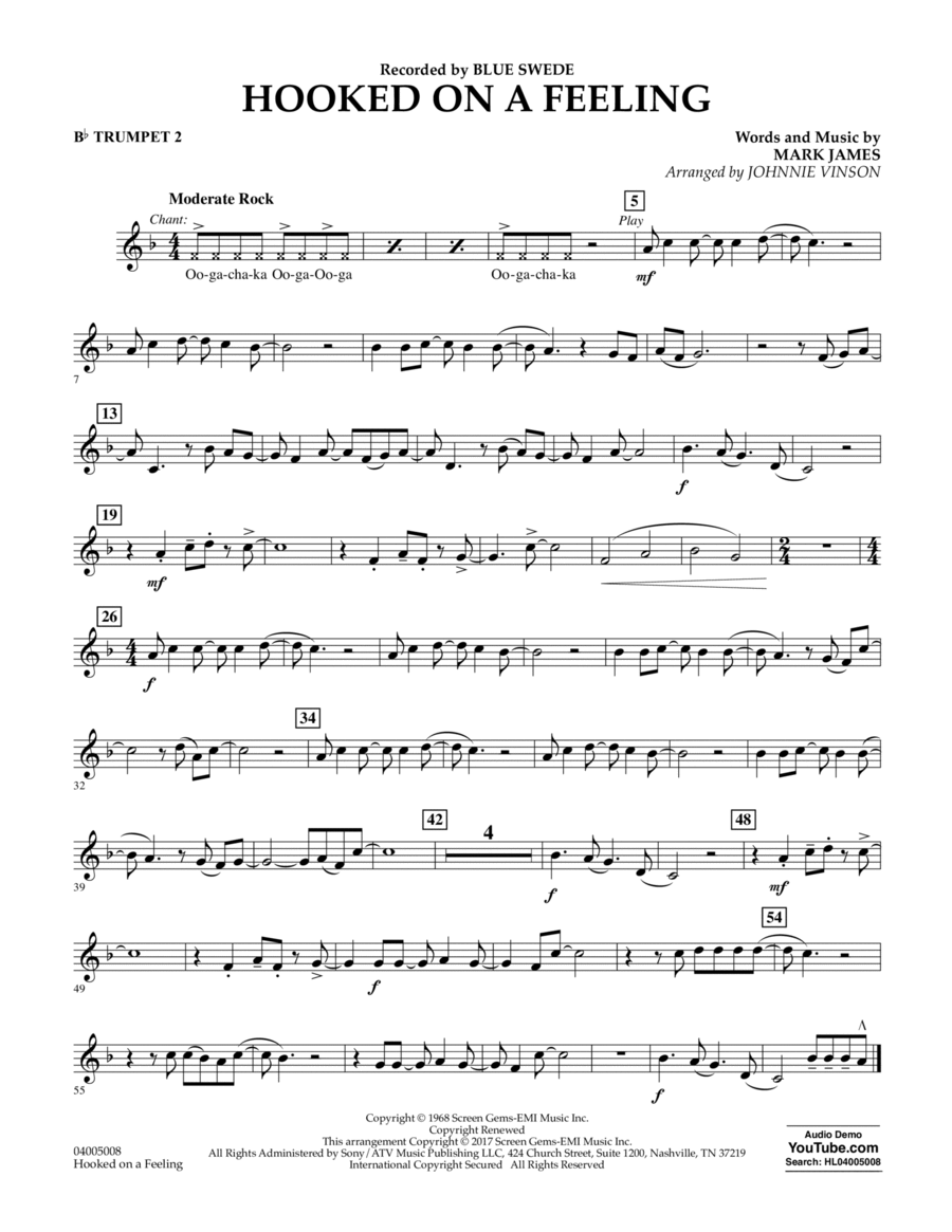 Hooked on a Feeling - Bb Trumpet 2 Concert Band scores gallery preview page 1