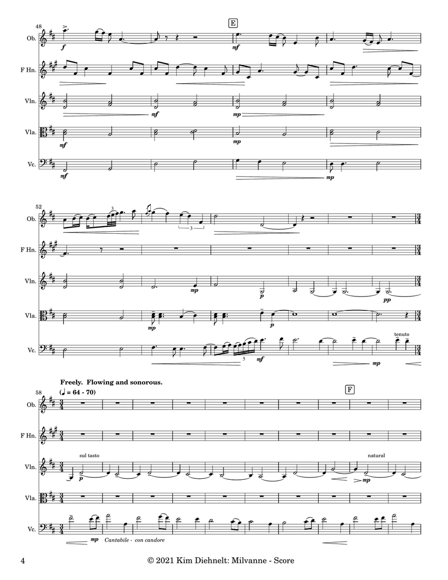 Diehnelt: Milvanne for Oboe, Horn, and String Trio Small Ensemble scores gallery preview page 6