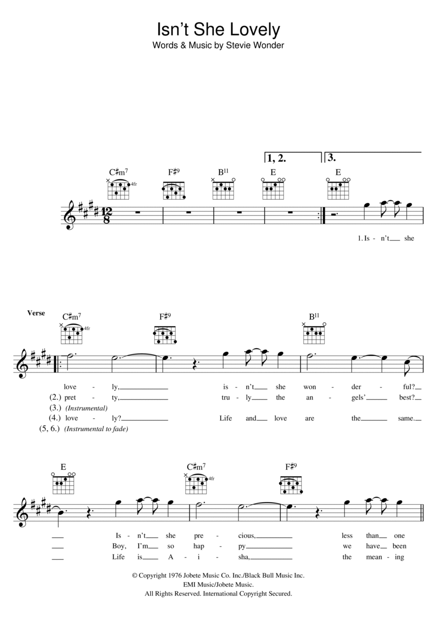 Isn't She Lovely Piano scores gallery preview page 1