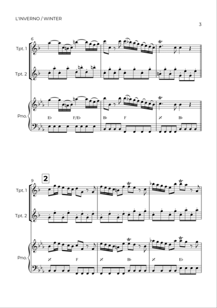 WINTER - VIVALDI - BRASS PIANO TRIO (TRUMPET 1, TRUMPET 2 & PIANO) Trumpet Duet scores gallery preview page 3