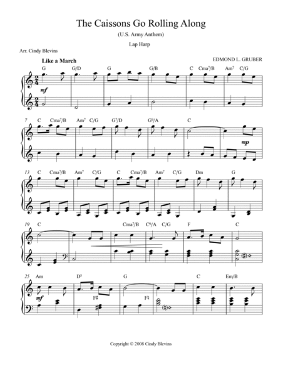 The Caissons Go Rolling Along, for Lap Harp Solo Lap Harp scores gallery preview page 2