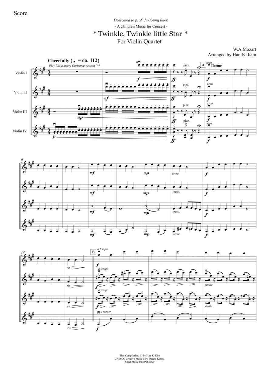 Twinkle Twinkle Little Star Violin Quartet B by Wolfgang