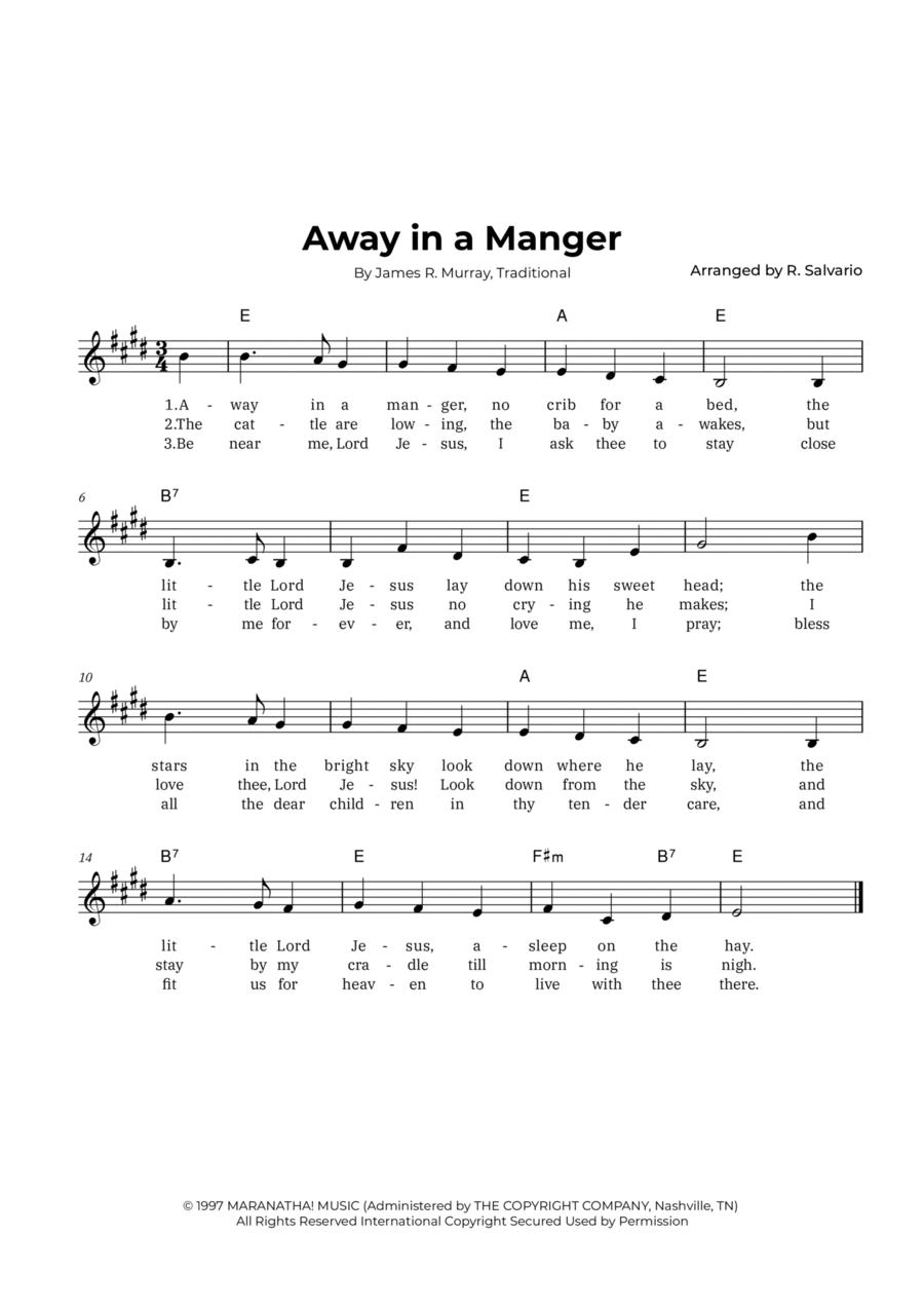 Away in a Manger (Key of E Major) Easy Piano scores gallery preview page 1