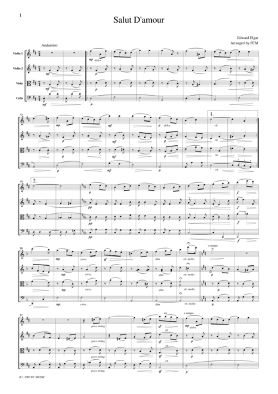 Elgar Salut D'amour, for string quartet, CE002 String Quartet scores gallery preview page 1