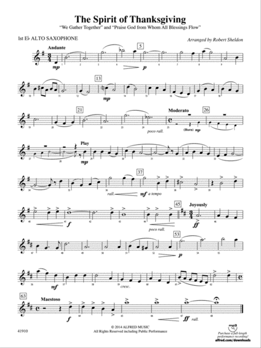 The Spirit of Thanksgiving: E-flat Alto Saxophone Concert Band scores gallery preview page 1