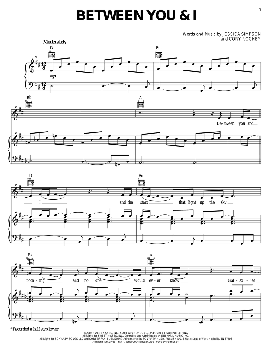 Between You And I Piano, Vocal, Guitar scores gallery preview page 1