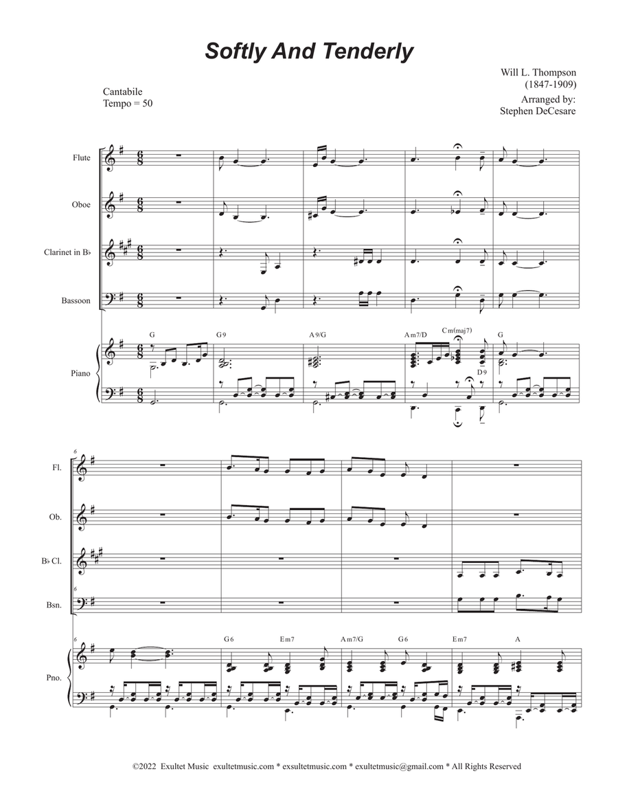 Softly And Tenderly (Woodwind Quartet and Piano) Woodwind Quartet scores gallery preview page 1