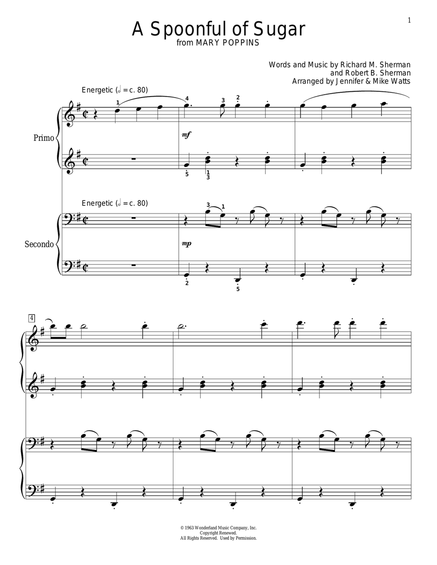 A Spoonful Of Sugar (from Mary Poppins) (arr. Jennifer and Mike Watts) 1 Piano, 4-Hands scores gallery preview page 1