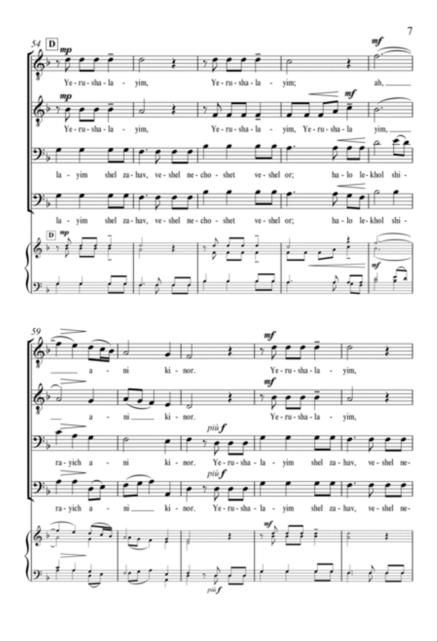 Yerushalayim Shel Zahav: (Jerusalem of Gold) (Downloadable) TTBB scores gallery preview page 6