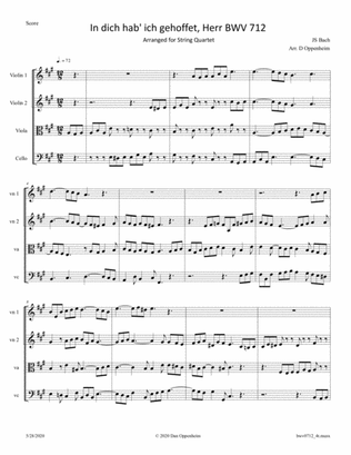 Bach: In dich hab' ich gehoffet, Herr BWV 712 arranged for String Quartet