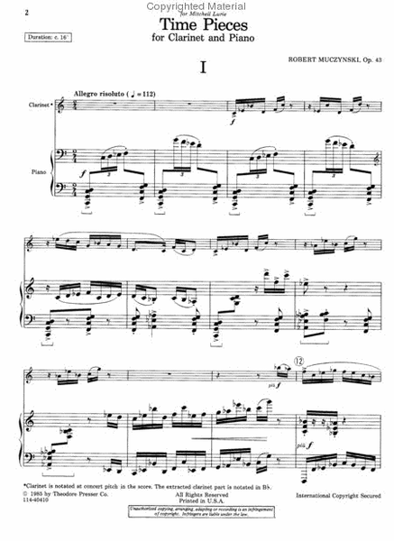 Time Pieces by Robert Muczynski Clarinet Solo - Sheet Music