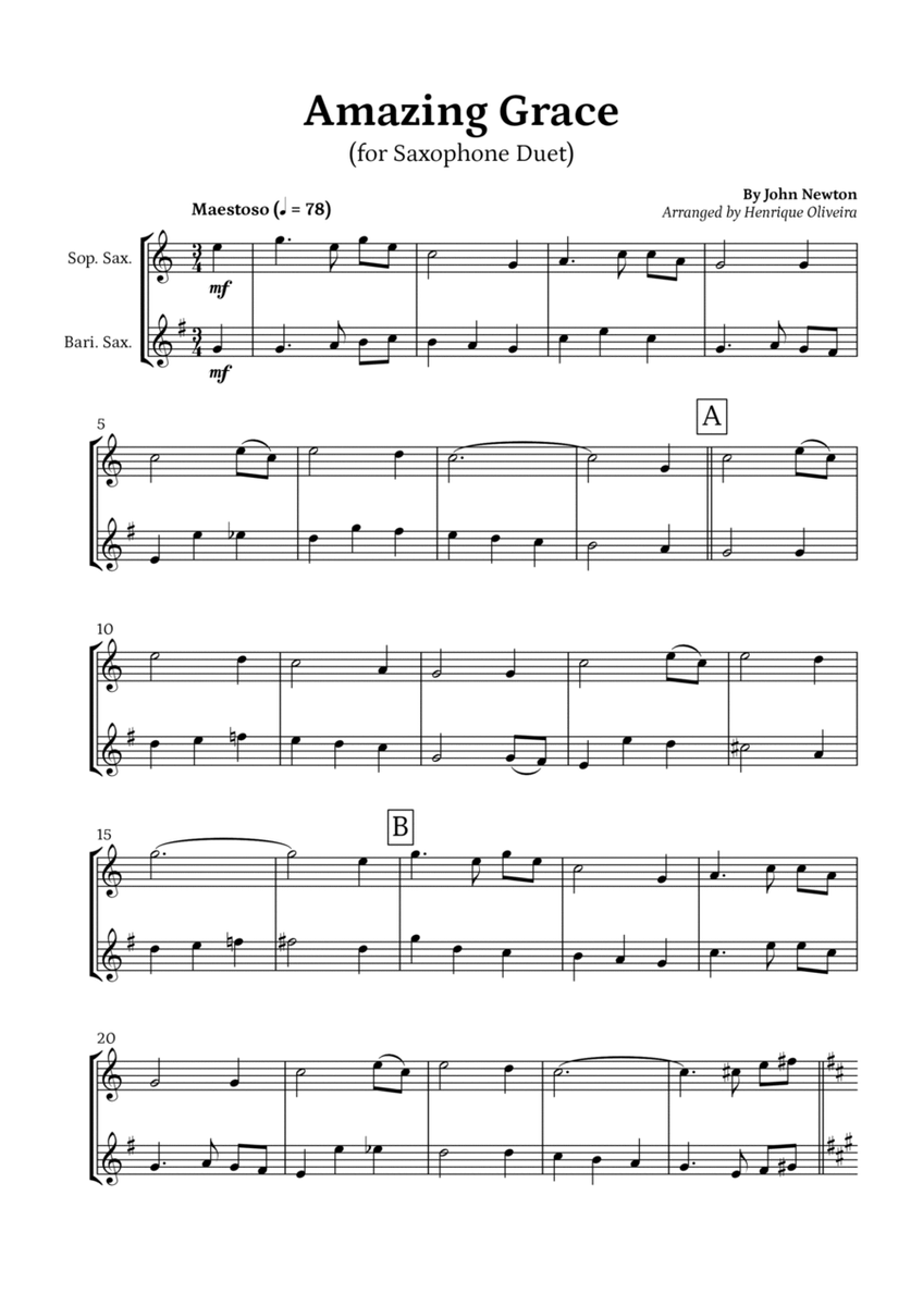 Amazing Grace (Saxophone Duet) - Beginner Level image number null