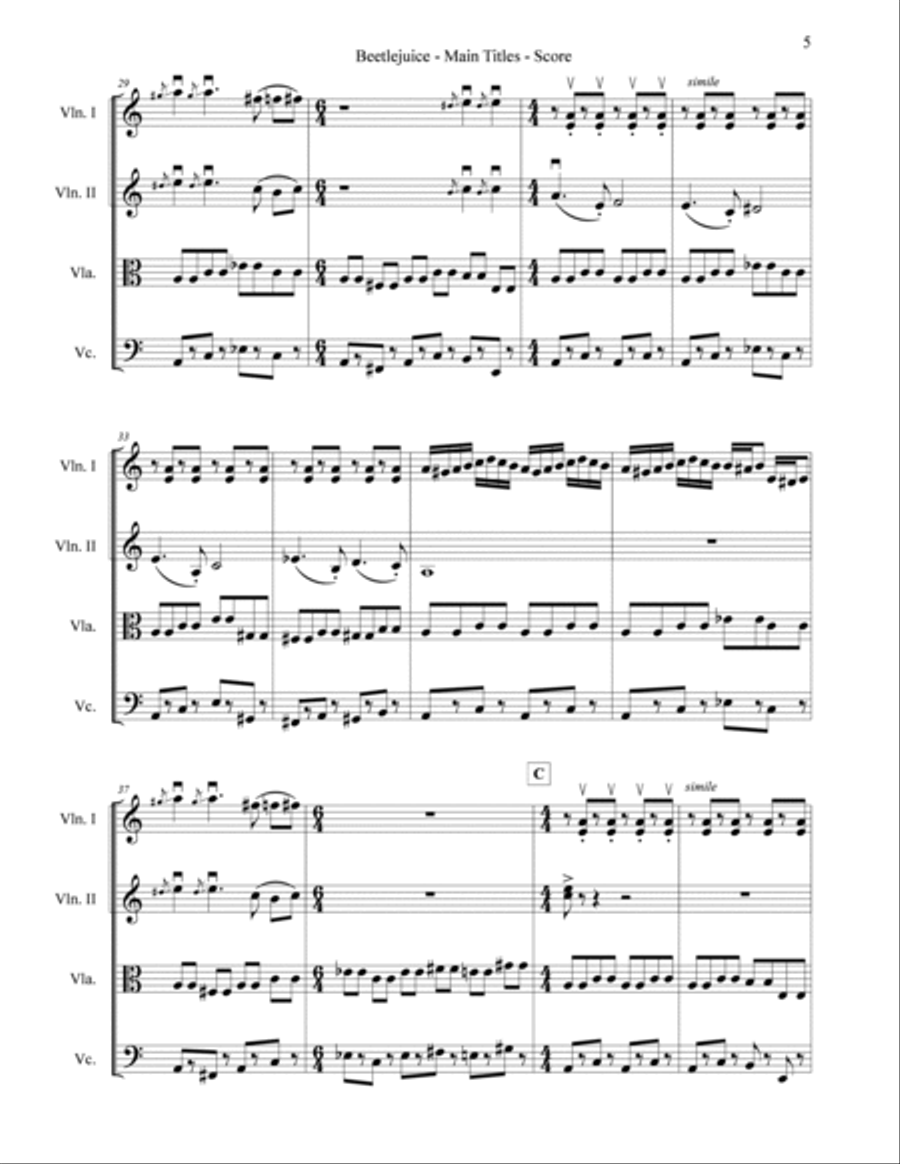 Beetlejuice (main Theme) String Quartet scores gallery preview page 5