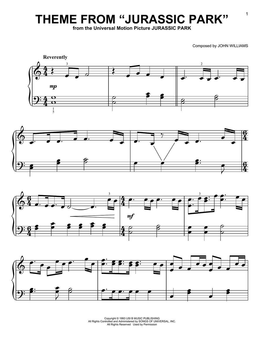 Theme From Jurassic Park Easy Piano scores gallery preview page 1