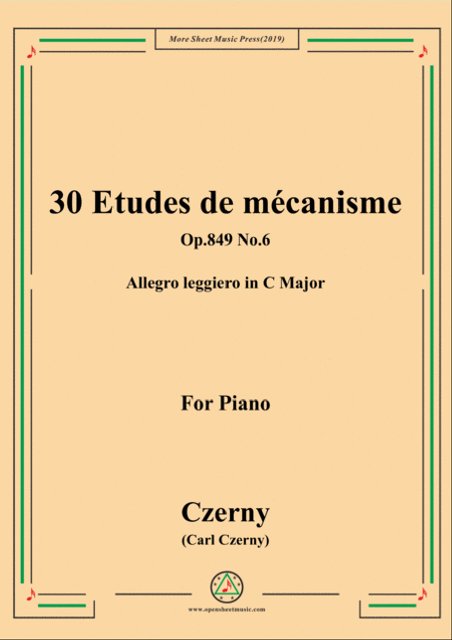 Czerny-30 Etudes de mécanisme,Op.849 No.6,Allegro leggiero in C Major,for Piano Piano Method scores gallery preview page 1