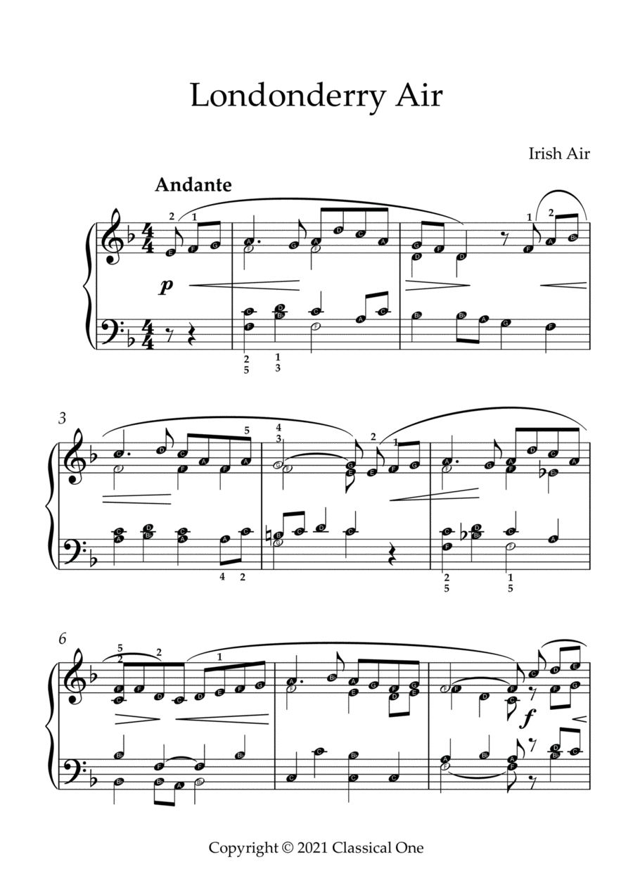 Irish Air - Londonderry Air(With Note name) Easy Piano scores gallery preview page 1