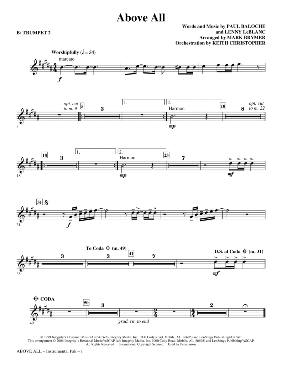 Above All (arr. Mark Brymer) - Bb Trumpet 2