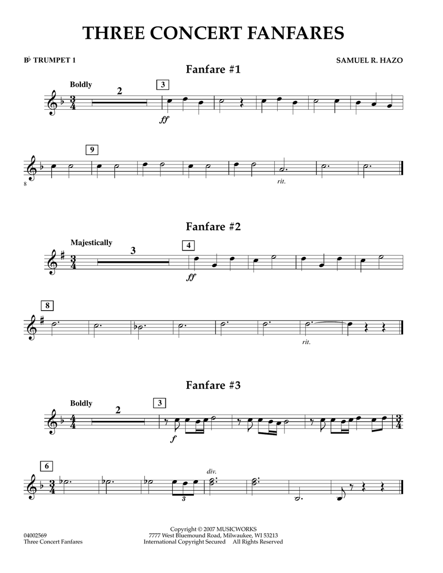 Three Concert Fanfares - Bb Trumpet 1 Concert Band scores gallery preview page 1