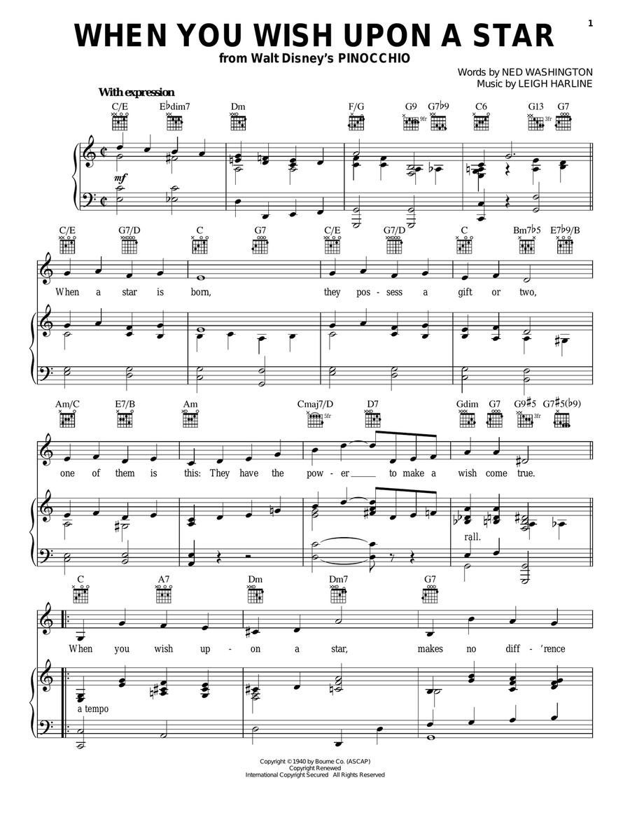 When You Wish Upon A Star (from Pinocchio) Piano, Vocal, Guitar scores gallery preview page 1
