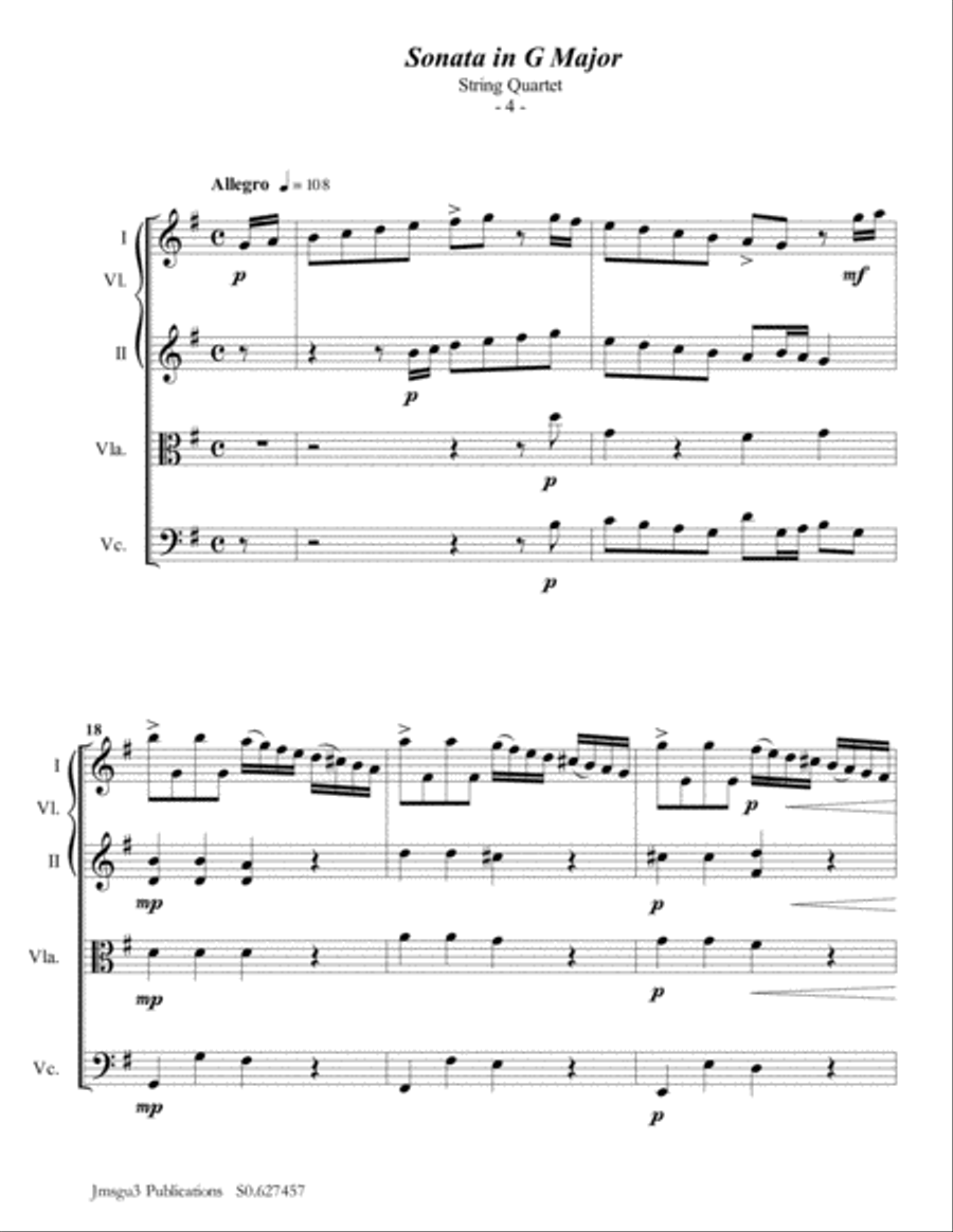 Telemann: Sonata in G Major for String Quartet String Quartet scores gallery preview page 4