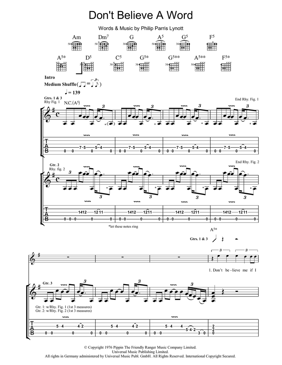 Don't Believe A Word Guitar Tablature scores gallery preview page 1