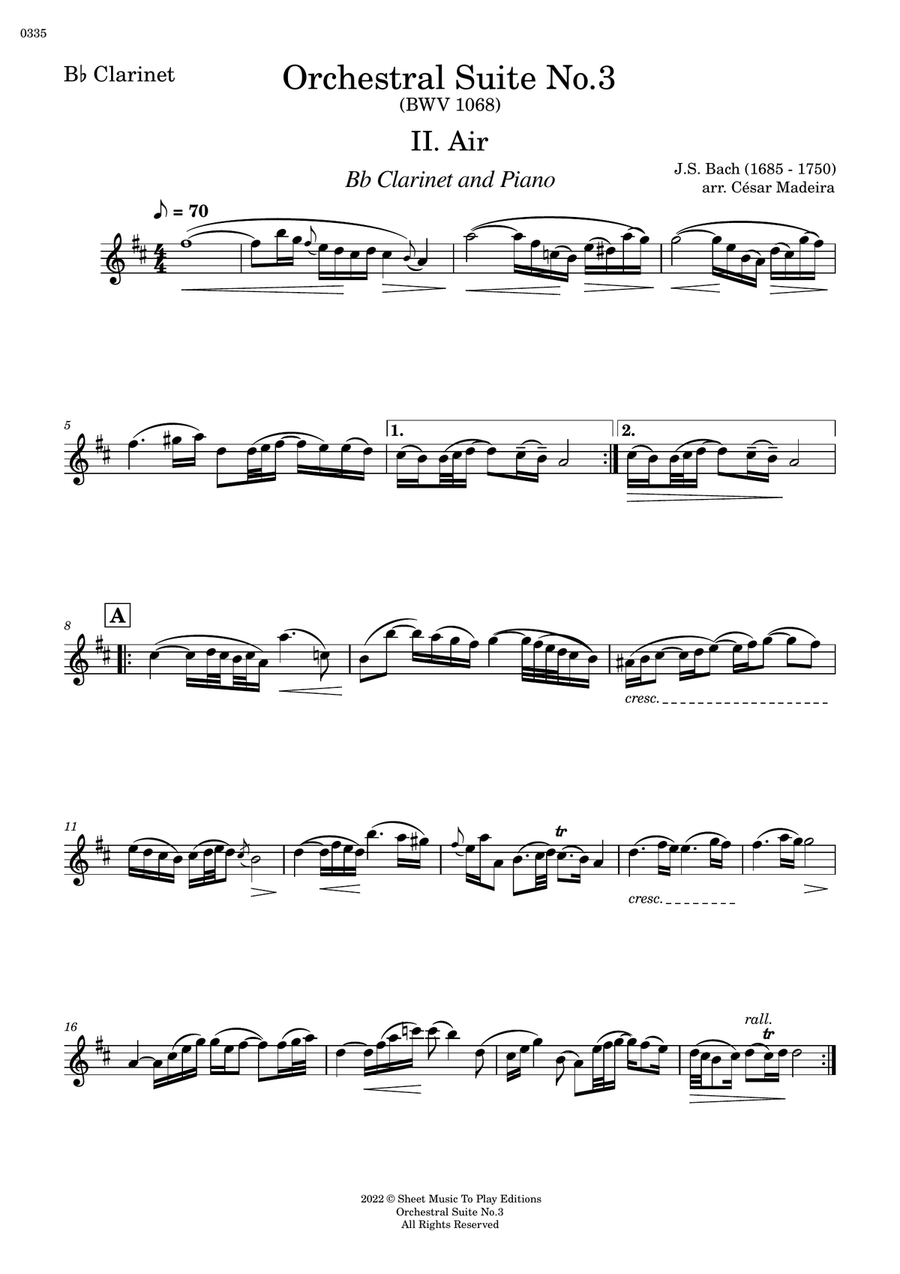 Air on G String - Bb Clarinet and Piano (Individual Parts) B-Flat Clarinet scores gallery preview page 1