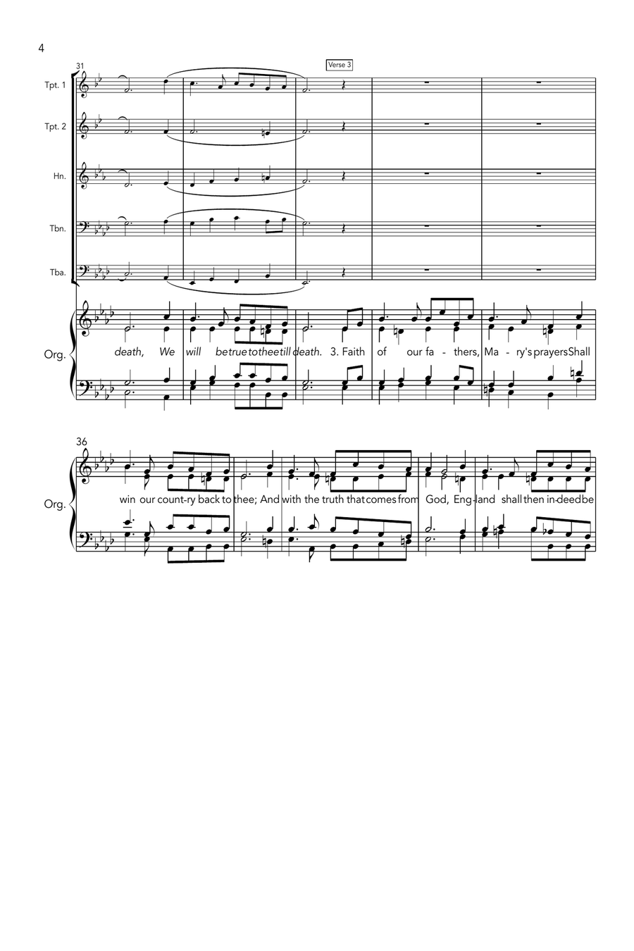 Faith of our fathers (Sawston) (brass quintet and organ, with last-verse harmony) Unison Choir scores gallery preview page 4