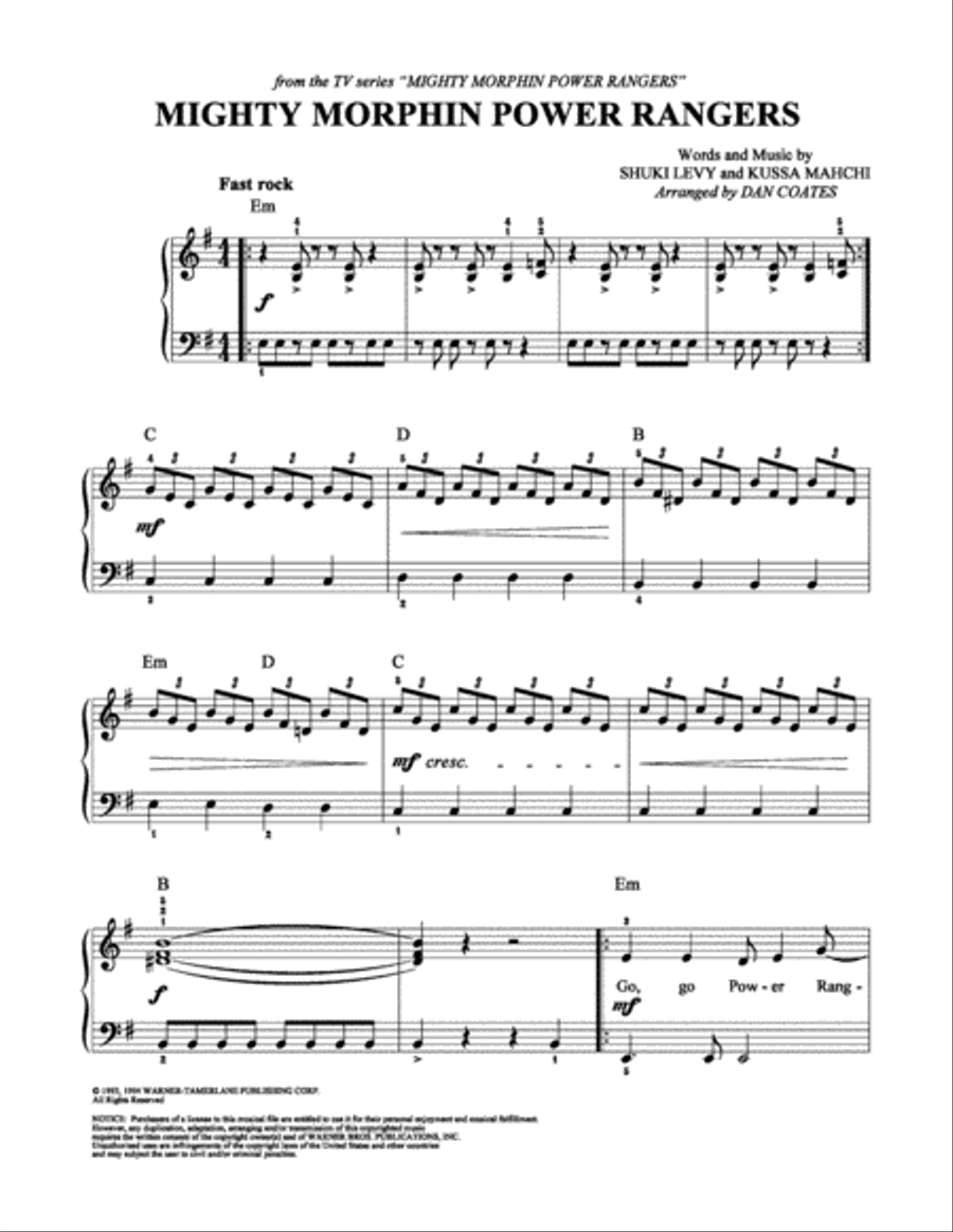 Mighty Morphin Power Rangers Easy Piano scores gallery preview page 1