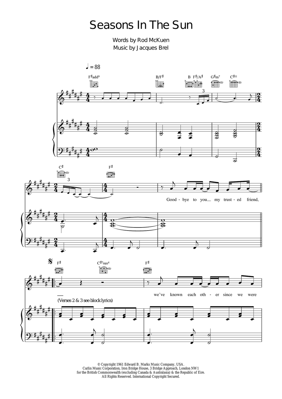 Seasons In The Sun Seasons In The Sun Piano, Vocal, Guitar scores gallery preview page 1