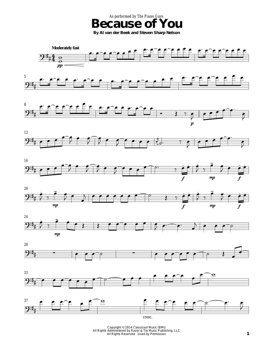 Because Of You Cello Solo scores gallery preview page 1