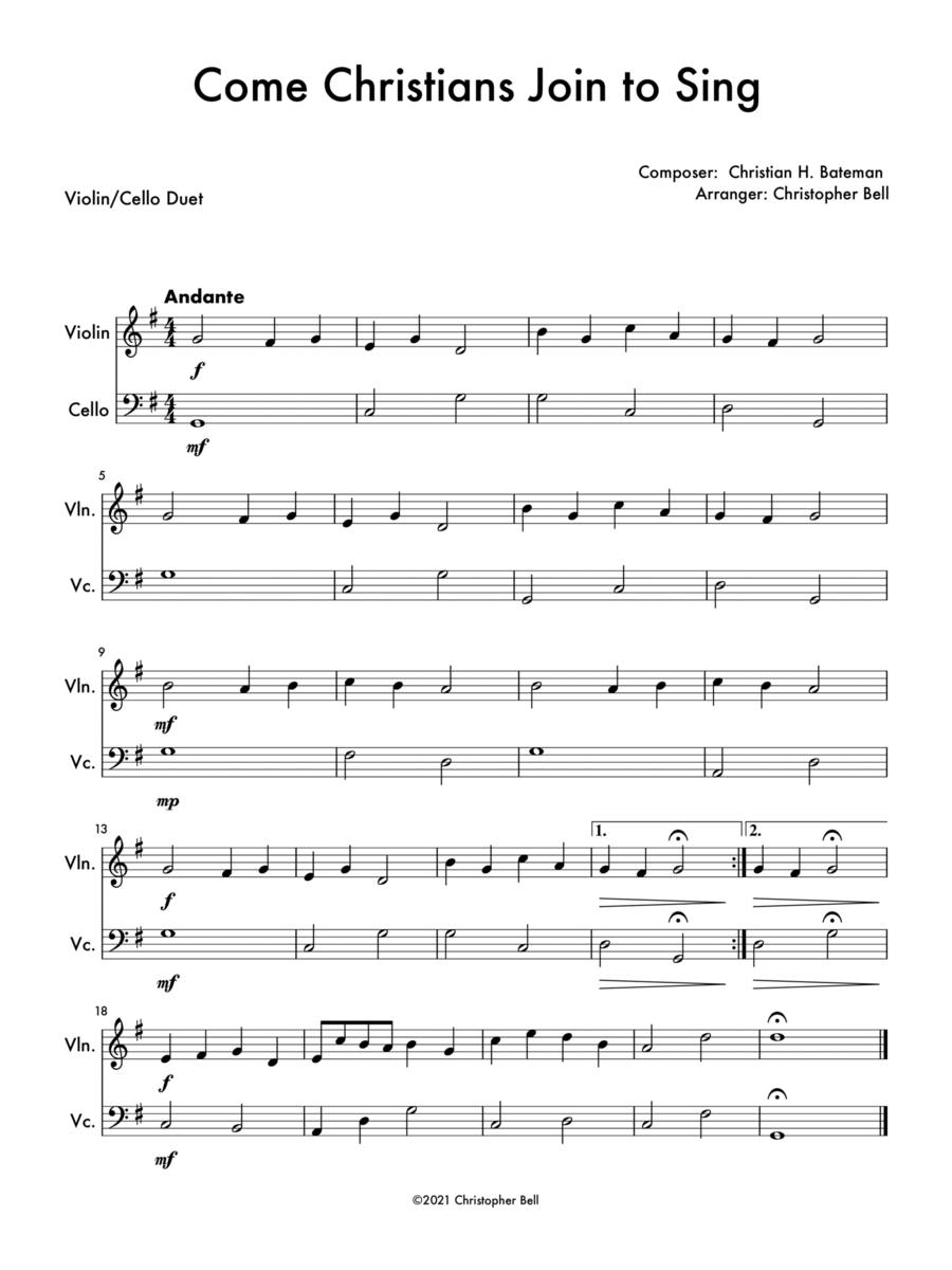 Come Christians, Join To Sing - Violin/Cello Duet