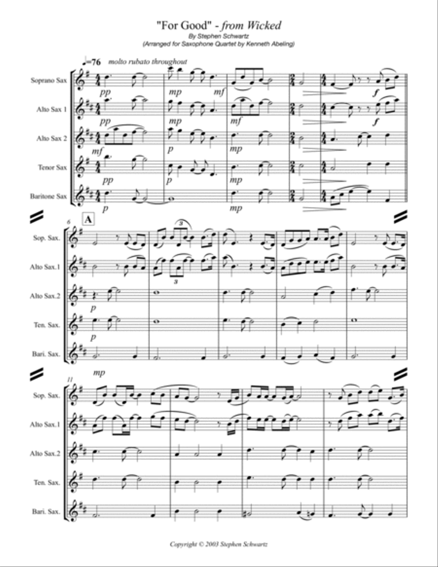 For Good Saxophone Quartet scores gallery preview page 2