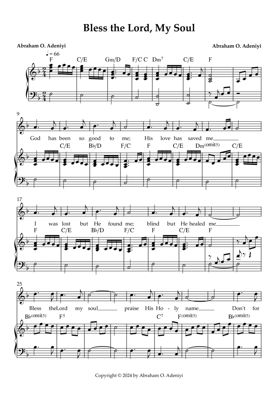 Bless the Lord, My Soul Piano, Vocal, Guitar scores gallery preview page 1