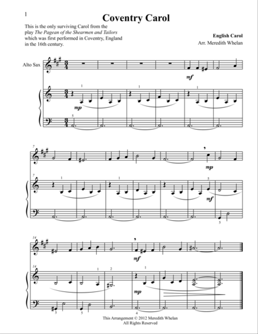 Christmas Duets for Alto Saxophone & Piano: Coventry Carol Woodwind Duet scores gallery preview page 1