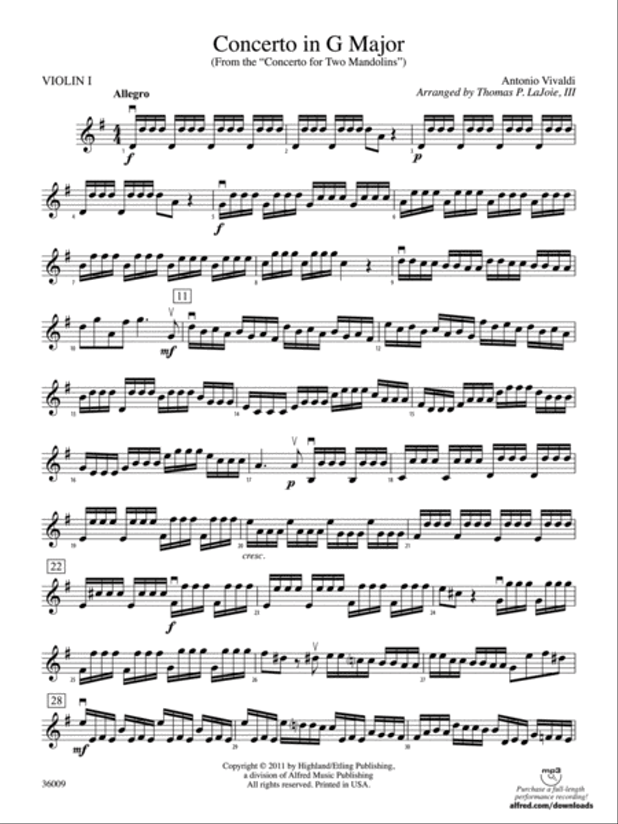 Concerto in G Major (from the Concerto for Two Mandolins): 1st Violin String Orchestra scores gallery preview page 1