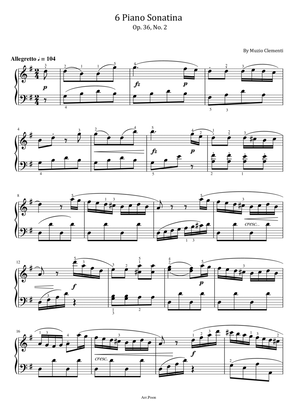 Clementi - 6 Piano Sonatina in G Major, Op.36 No.2 - For Piano Solo Original With Fingered