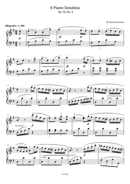 Clementi - 6 Piano Sonatina in G Major, Op.36 No.2 - For Piano Solo Original With Fingered image number null