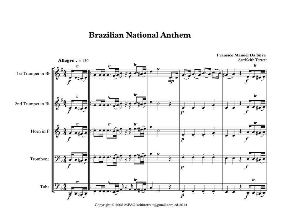 Brazilian National Anthem (Portuguese: Hino Nacional Brasileiro) for Brass Quintet (MFAO World Natio Brass Quintet scores gallery preview page 2