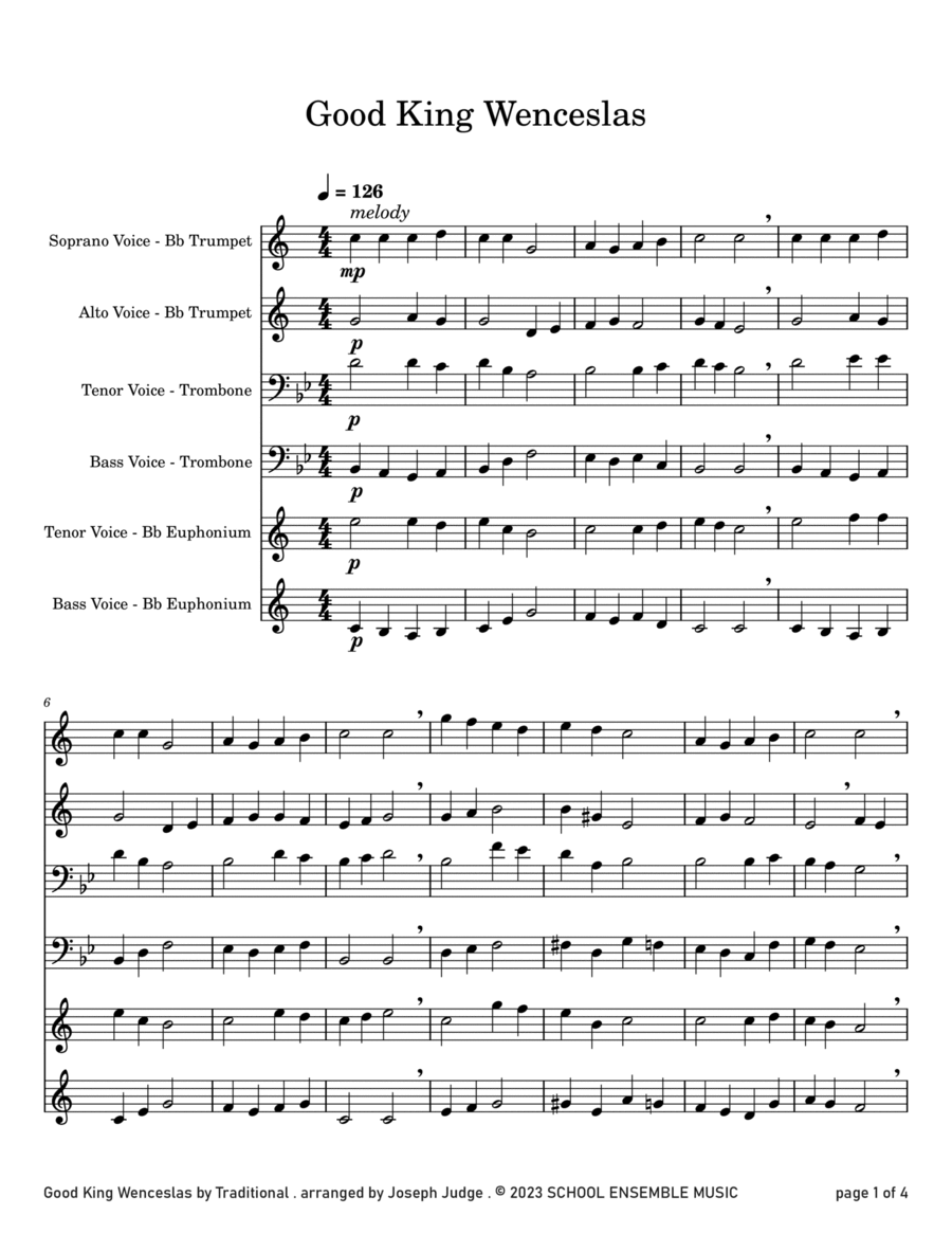 Good King Wenceslas for Brass Quartet in Schools Brass Quartet scores gallery preview page 1